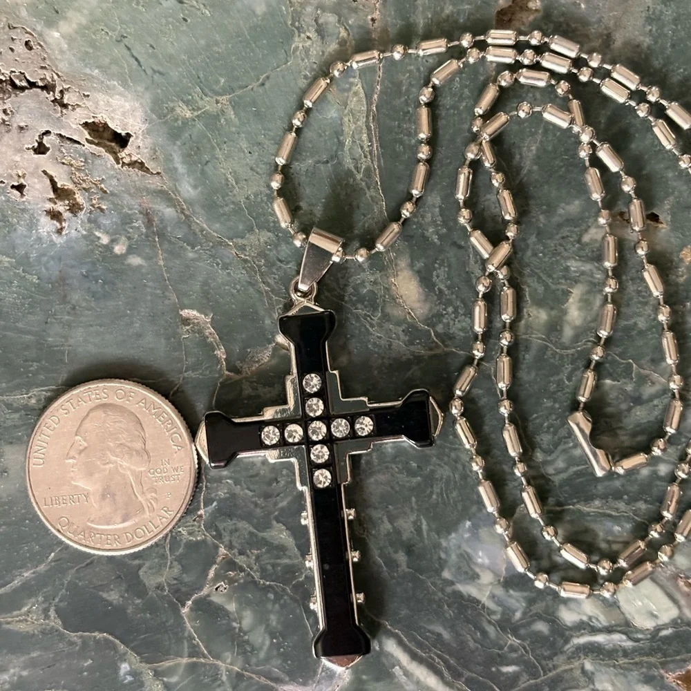 Black/Silver Clear Rhinestone Cross Pendant Chain Necklace